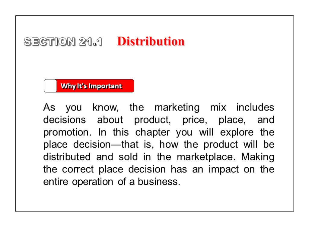 SECTION 21.1 Why It's Important As you know, the marketing mix includes decisions about